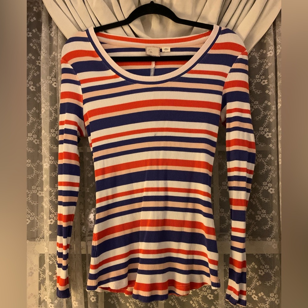 Anthropologie Red, Blue, and White Striped Long Sleeve Top